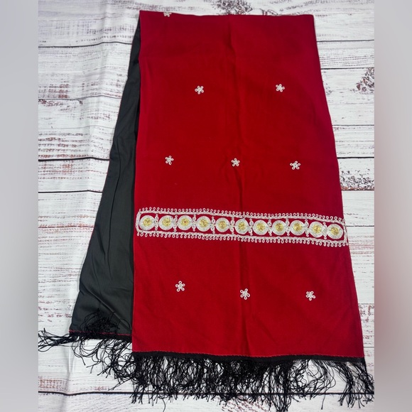 Accessories - Embroidered Red Shawl with Black Fringe